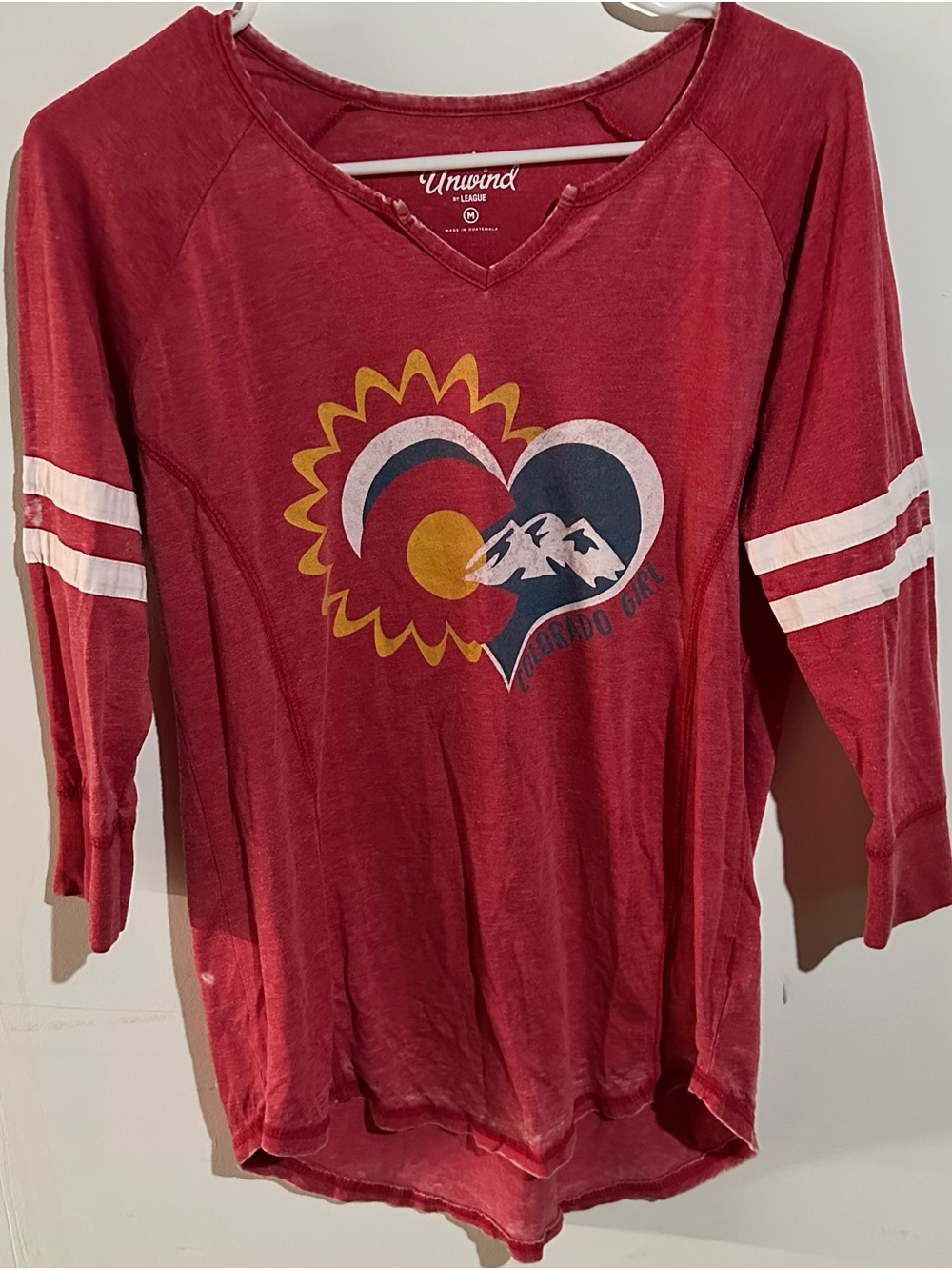 Unwind by league long-sleeve burnout tee, distressed, Colorado Girl graphic.